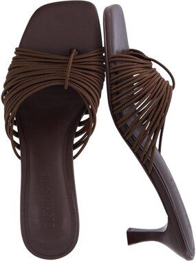 Women's Strappy Heeled Brown Sandals with Cushioned Footbed Slip On Open Toe